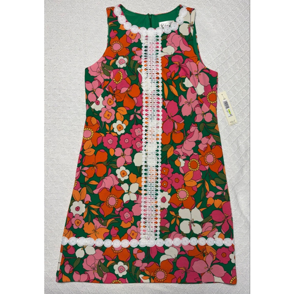 NWT Eliza J Retro Style Bold Multi-color Floral Lace Trim Mini Shift Dress SZ 4 - Picture 3 of 12